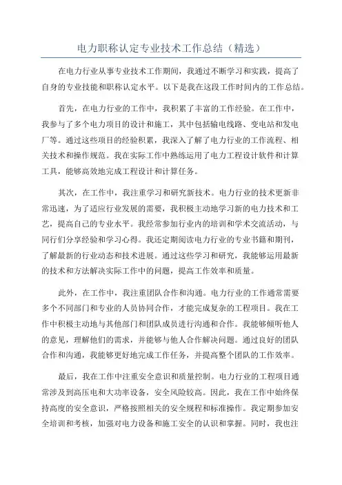 电力职称认定专业技术工作总结(精选)