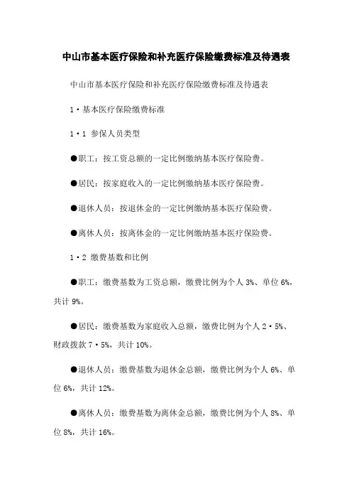 中山市基本医疗保险和补充医疗保险缴费标准及待遇表