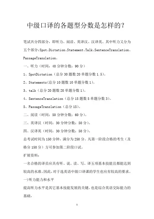 中级口译的各题型分数是怎样的？