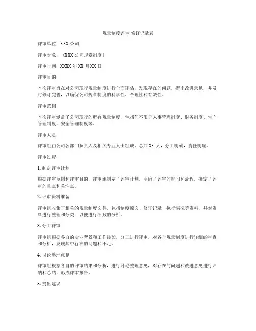 规章制度评审 修订记录表
