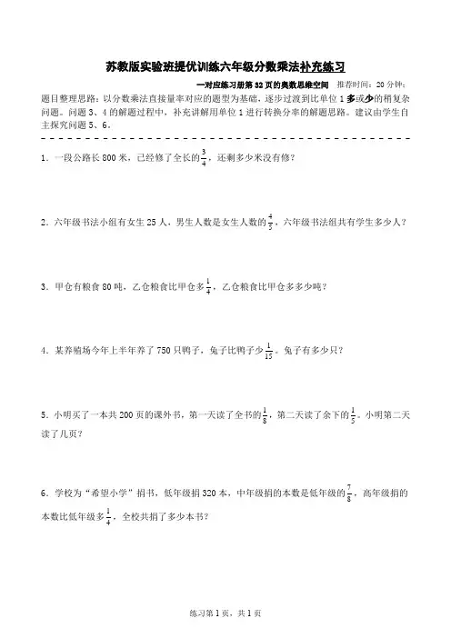 苏教版实验班提优训练六年级分数乘法补充练习