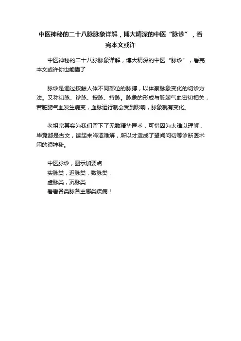 中医神秘的二十八脉脉象详解，博大精深的中医“脉诊”，看完本文或许