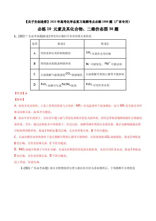 2023年广东高考化学总复习高频考点必刷题10 元素及其化合物、二维价态图30题(讲解版)