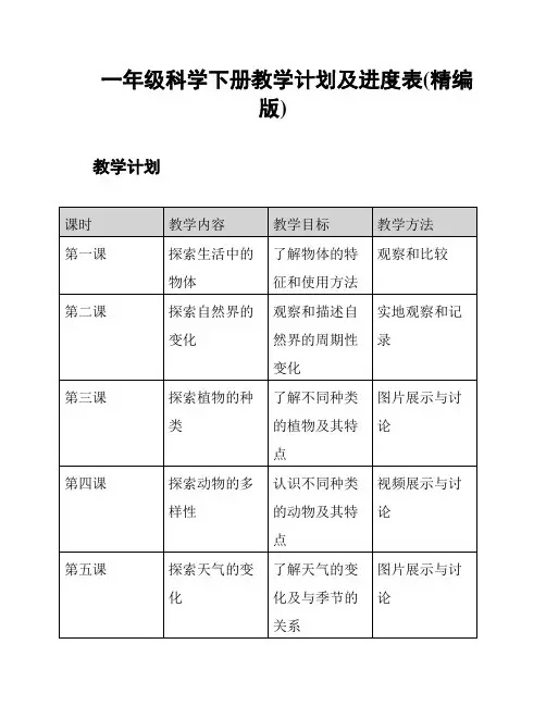 一年级科学下册教学计划及进度表(精编版)