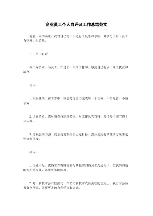 企业员工个人自评及工作总结范文