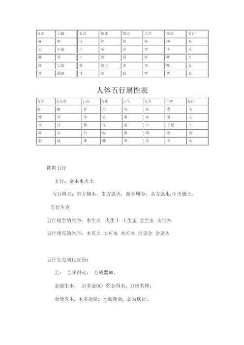 人体五行属性表