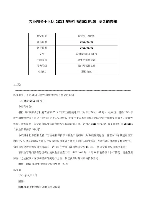 农业部关于下达2013年野生植物保护项目资金的通知-农财发[2013]34号