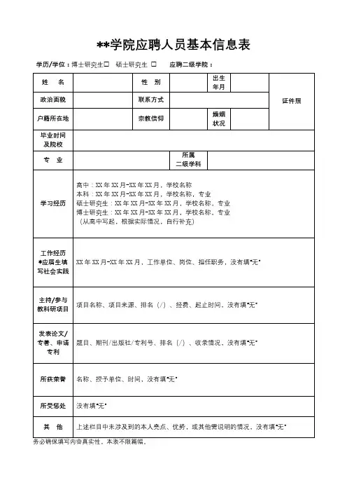 衢州学院应聘人员基本信息表【模板】