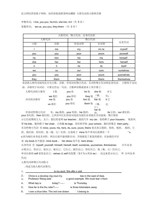 人称代词的主格和宾格练习资料
