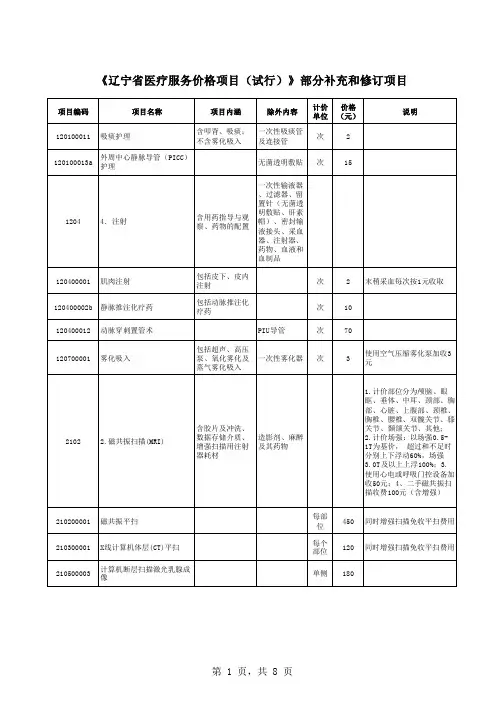 《辽宁省医疗服务价格项目(试行)》部分补充和修订项目