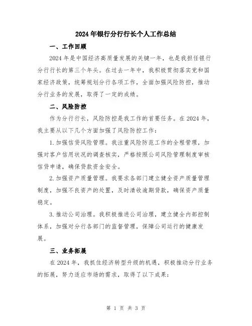 2024年银行分行行长个人工作总结