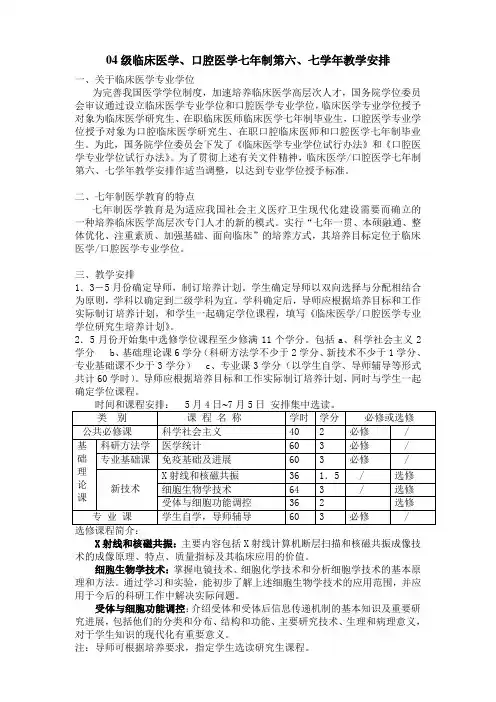 04级临床医学、口腔医学七年制第六、七学年教学安排