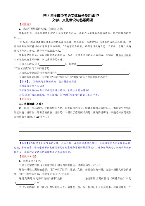2019年全国中考语文试题分类汇编09：文学、文化常识与名著阅读