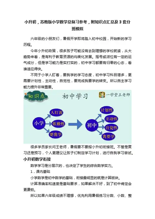 小升初，苏教版小学数学总复习参考，附知识点汇总及3套分班模拟