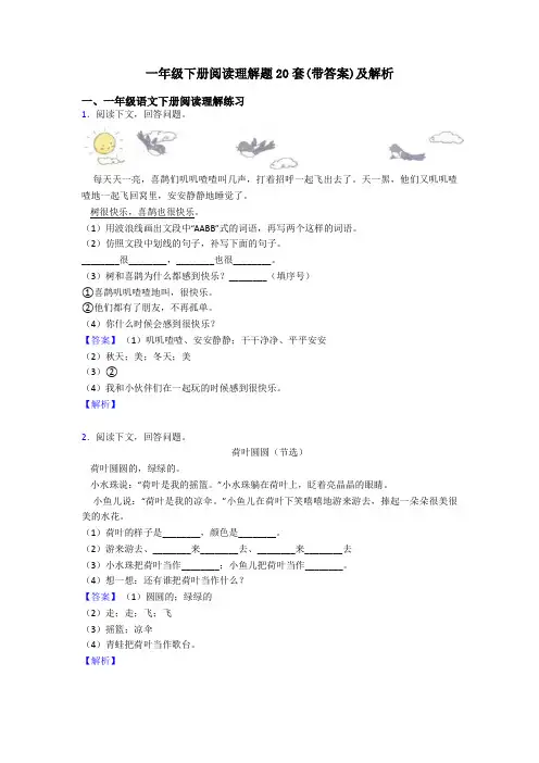 一年级下册阅读理解题20套(带答案)及解析