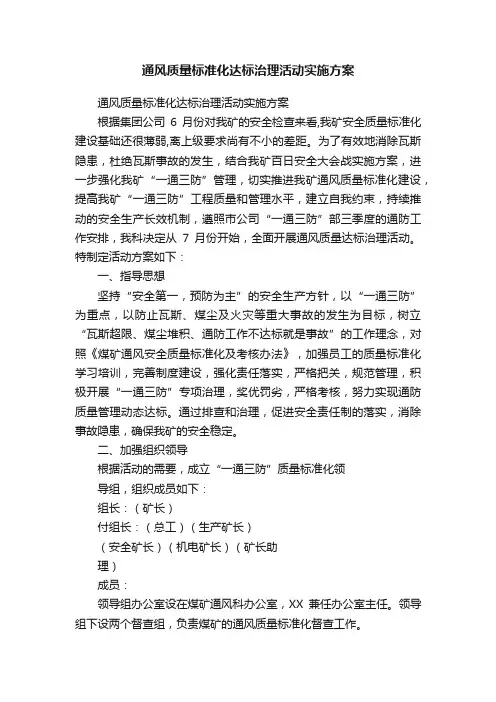 通风质量标准化达标治理活动实施方案