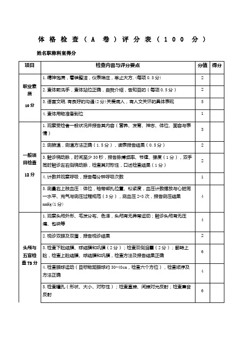 体格检查评分表(三基)