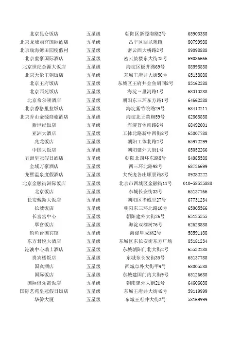 中国所有星级酒店名录及地址电话联系方式