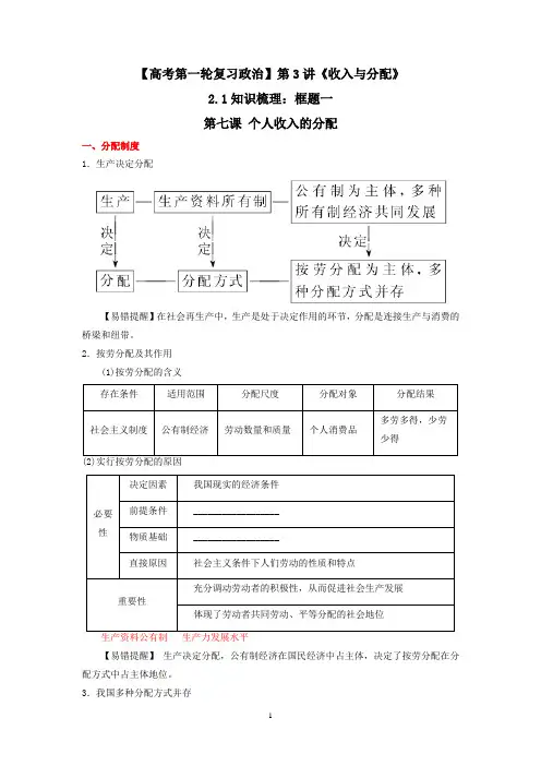 【高考第一轮复习政治】第3讲《收入与分配》2.1知识梳理：框题一：个人收入的分配