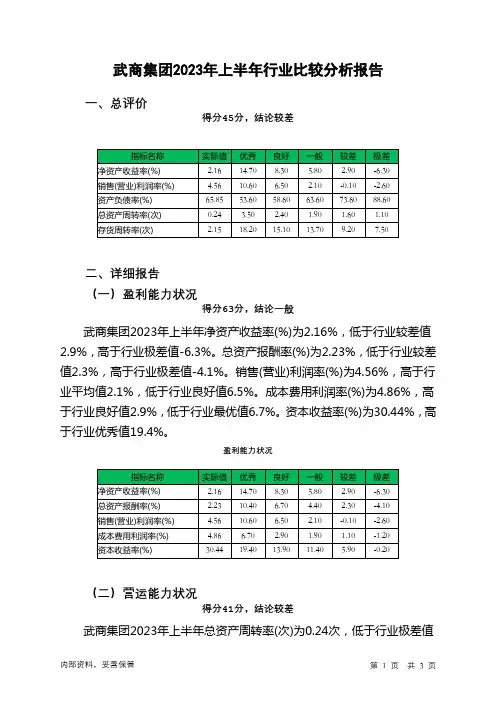000501武商集团2023年上半年行业比较分析报告
