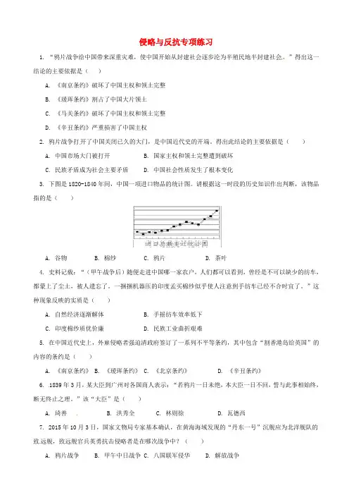 2019届中考历史专题复习：侵略与反抗习题_含答案