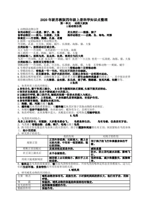 2020年新苏教版四年级上册科学全册知识点整理