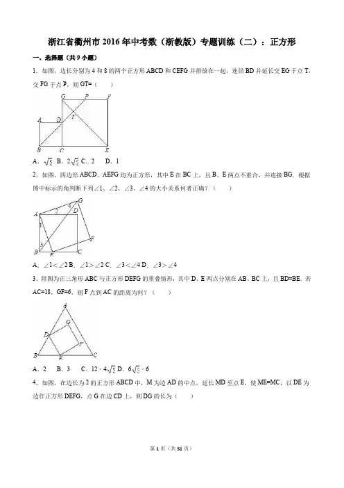 浙江省衢州市2016年中考数学专题训练(二)正方形(含解析)