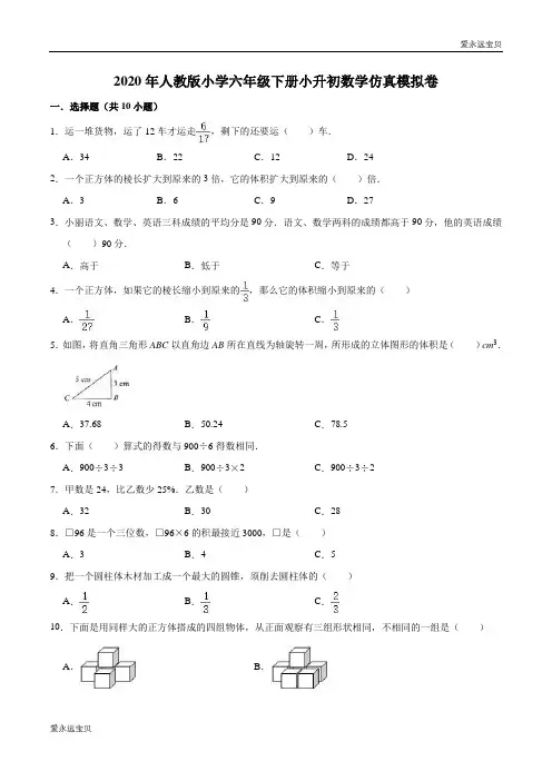 2020年小学六年级下册小升初数学仿真模拟卷7(人教版含详解)