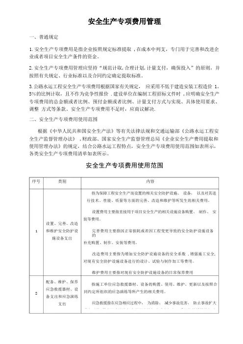 安全生产专项费用使用范围及清单