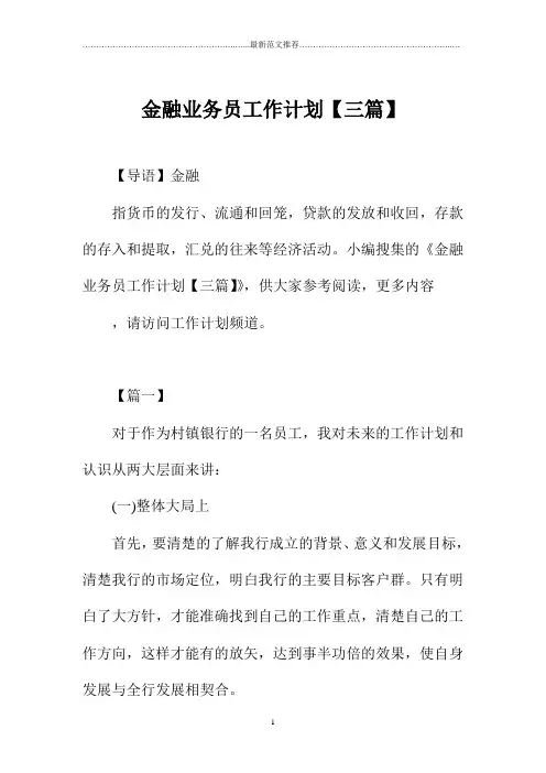 金融业务员精品工作计划【三篇】