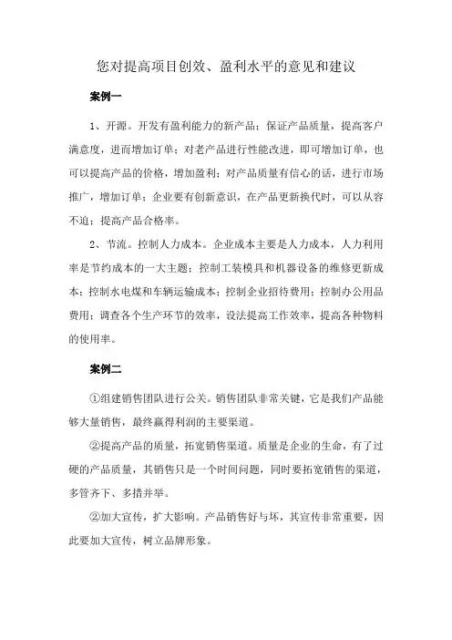 您对提高项目创效、盈利水平的意见和建议