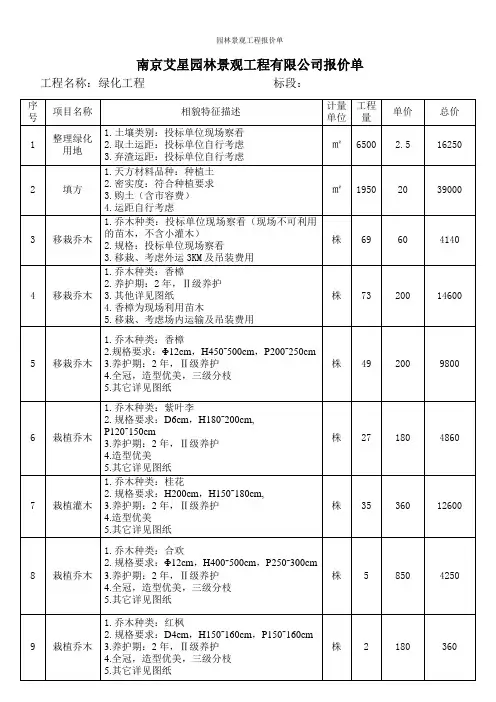 园林景观工程报价单