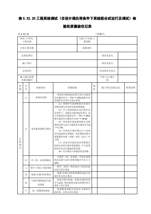 工程系统调试(非设计满负荷条件下系统联合试运行及调试)检验批质量验收记录