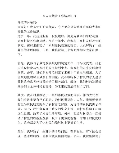 乡人大代表工作情况汇报
