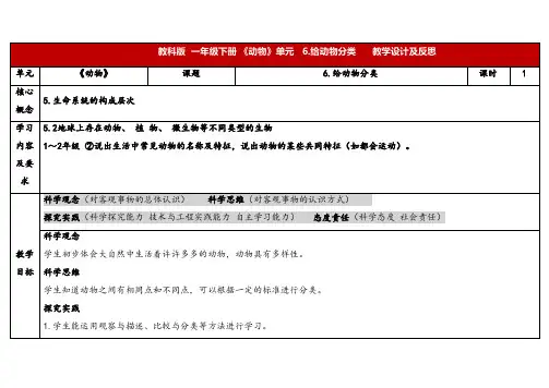 教科版科学一年级下册教案《给动物分类》教学设计