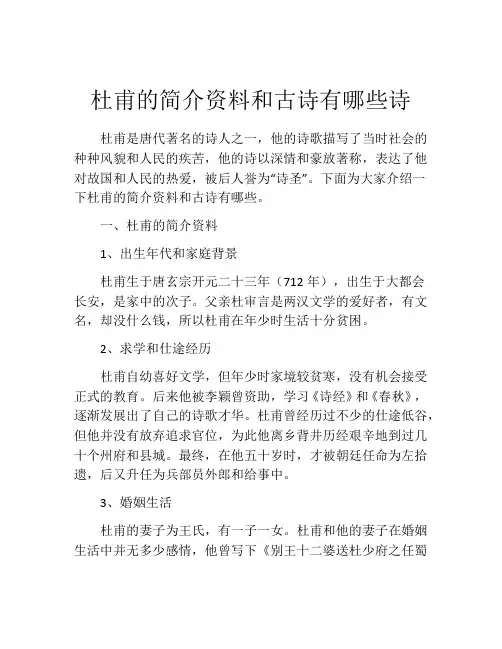 杜甫的简介资料和古诗有哪些诗