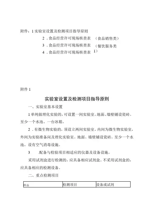 食品经营许可实验室设置及检测项目指导原则、现场核查表(食品销售类、服务类)
