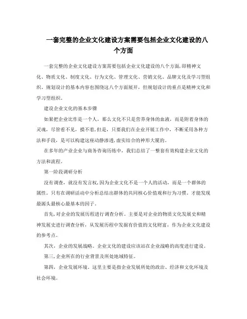 一套完整的企业文化建设方案需要包括企业文化建设的八个方面