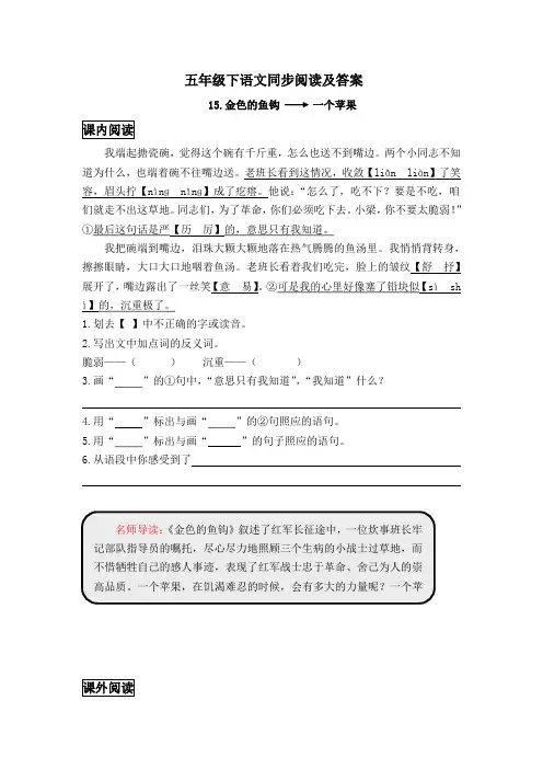 五年级下语文同步阅读及答案-15.金色的鱼钩-人教新课标
