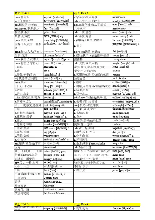 浙江省人教版八年级上册英语单词表短语表