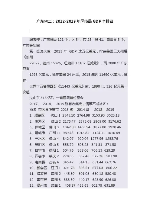 广东省二：2012-2019年区市县GDP全排名