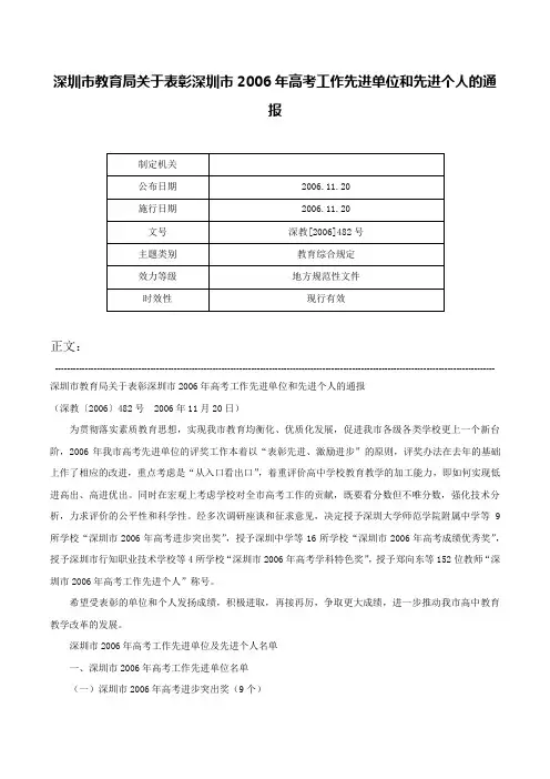 深圳市教育局关于表彰深圳市2006年高考工作先进单位和先进个人的通报-深教[2006]482号
