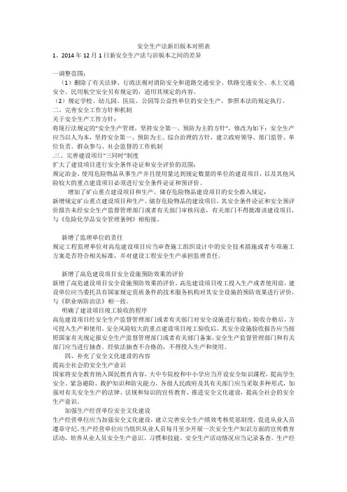 安全生产法新旧版本对照表安全生产