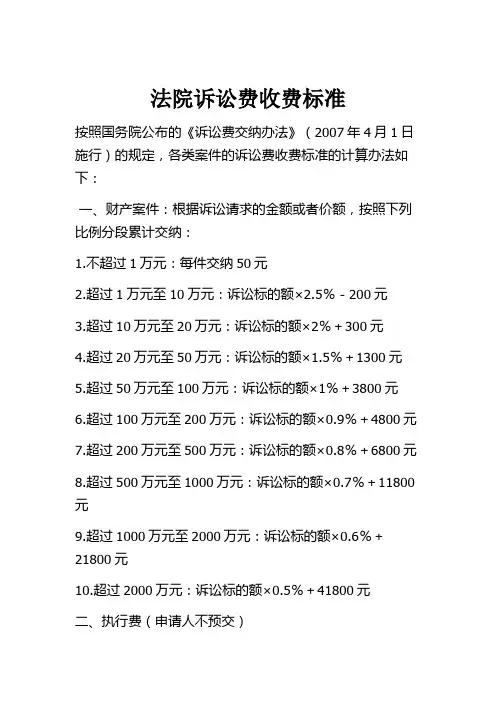法院诉讼费收费标准