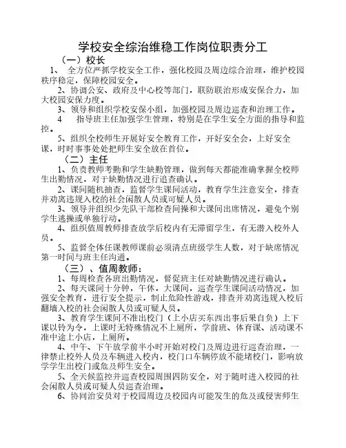 学校安全综治维稳工作岗位职责分工