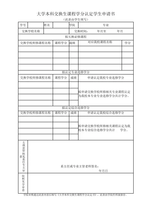 大学本科交换生课程学分认定学生申请书