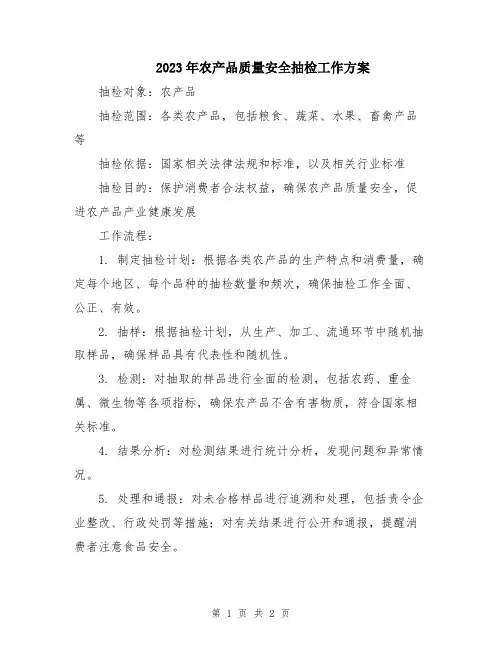 2023年农产品质量安全抽检工作方案