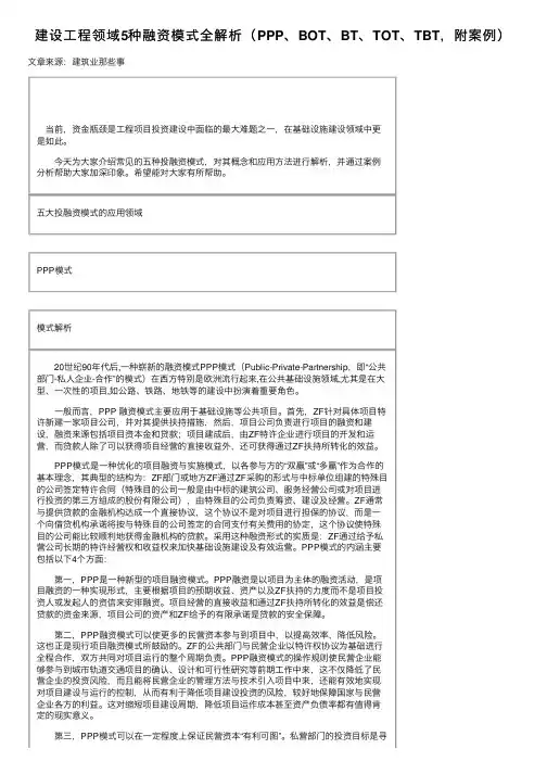 建设工程领域5种融资模式全解析（PPP、BOT、BT、TOT、TBT，附案例）