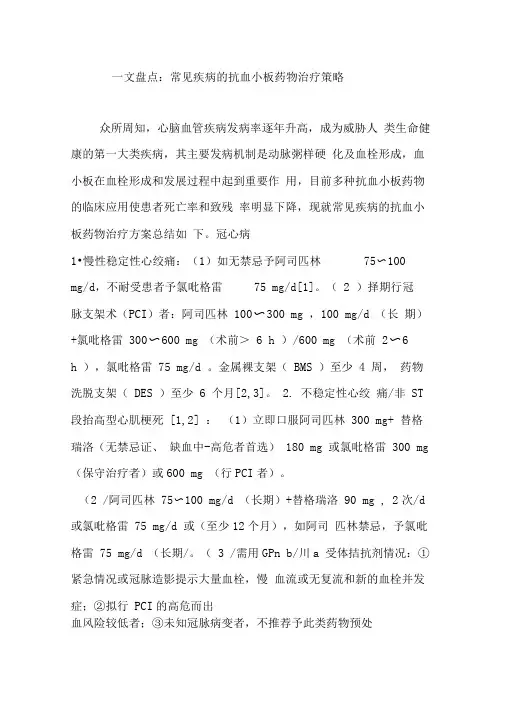 一文盘点：常见疾病的抗血小板药物治疗策略