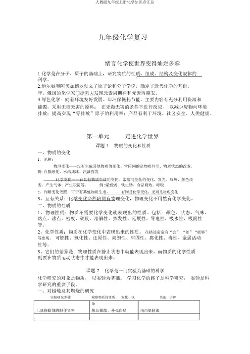 人教版九年级上册化学知识点汇总